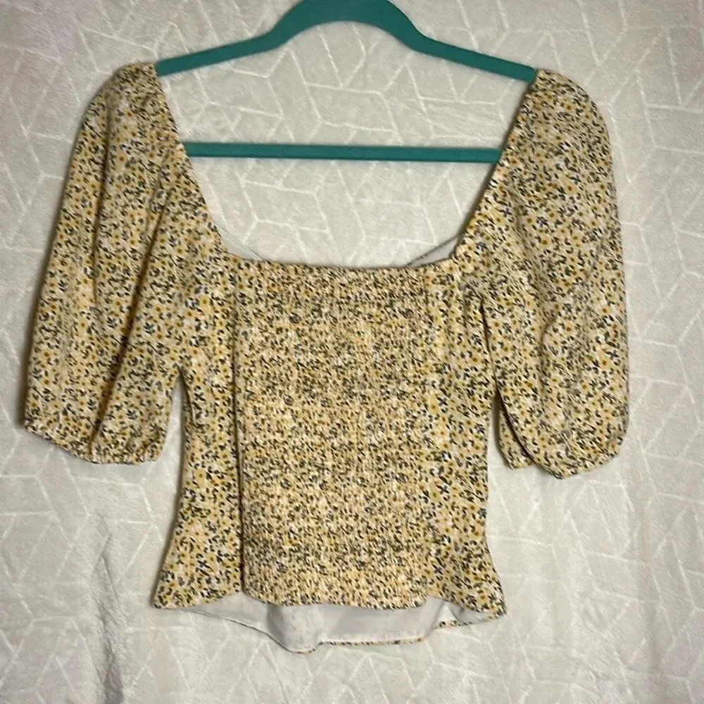 Abercrombie & Fitch Yellow Daisy Puff Sleeve Sweetheart Top Women's Size Small